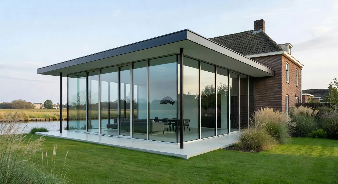 Moderne aanbouw met geïntegreerd metselwerk en slimme sensoren