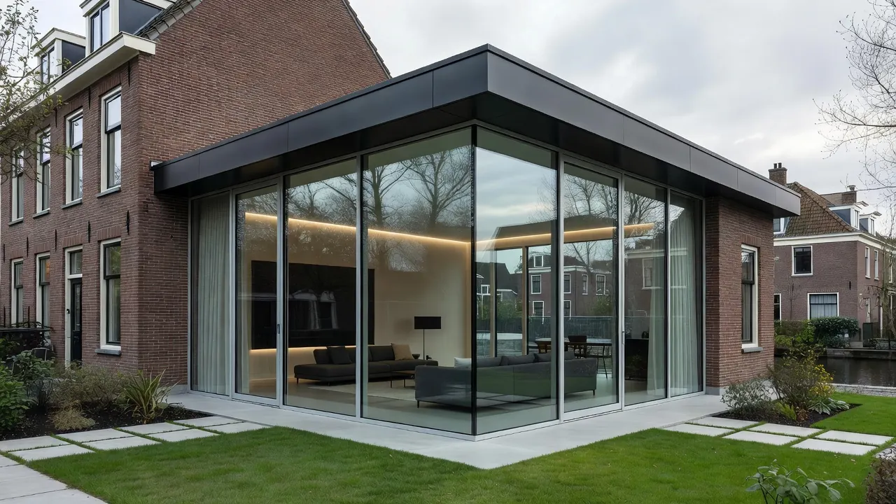 Moderne aanbouw met geïntegreerd metselwerk en smart home systemen