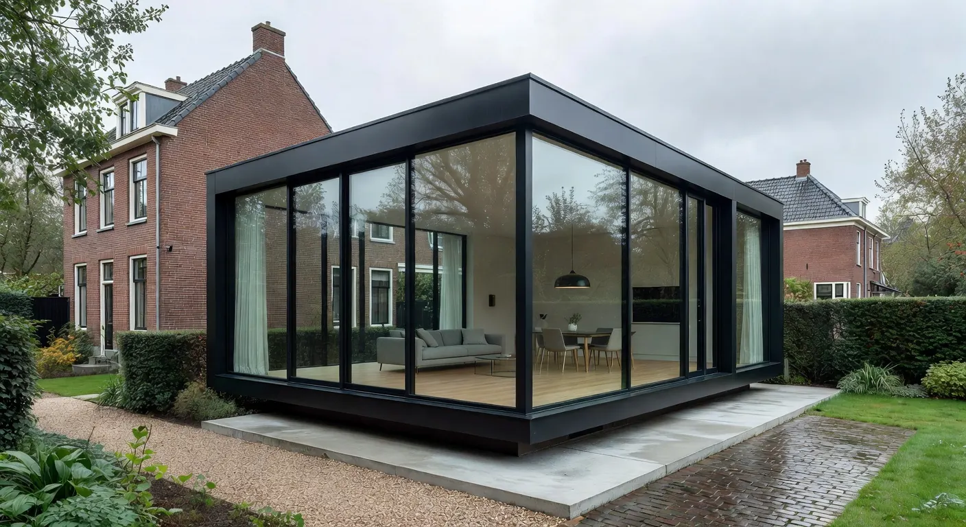 Moderne aanbouw met metselwerk en geïntegreerde smart home technologie in 2026