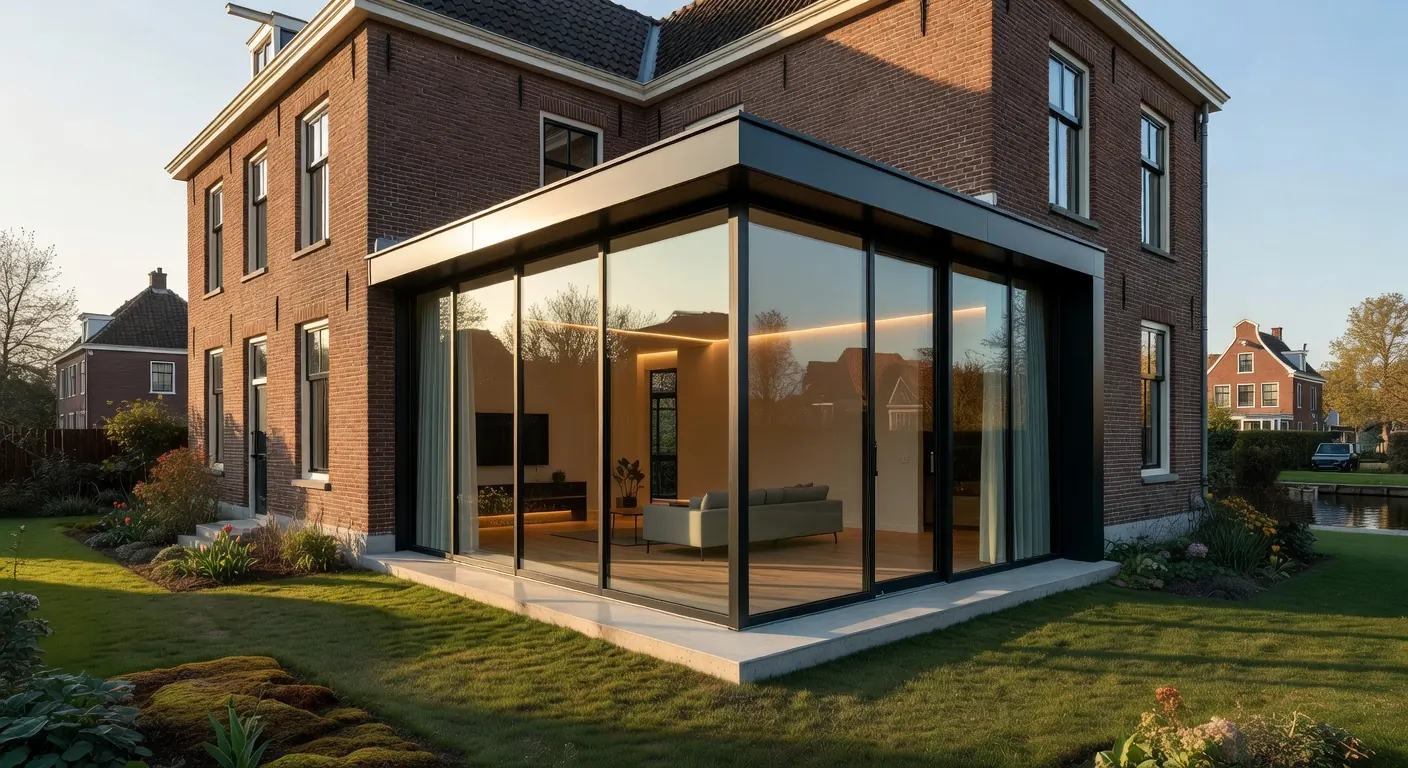 Seizoensgebonden aanbouw en metselwerk in volle gang onder een heldere hemel