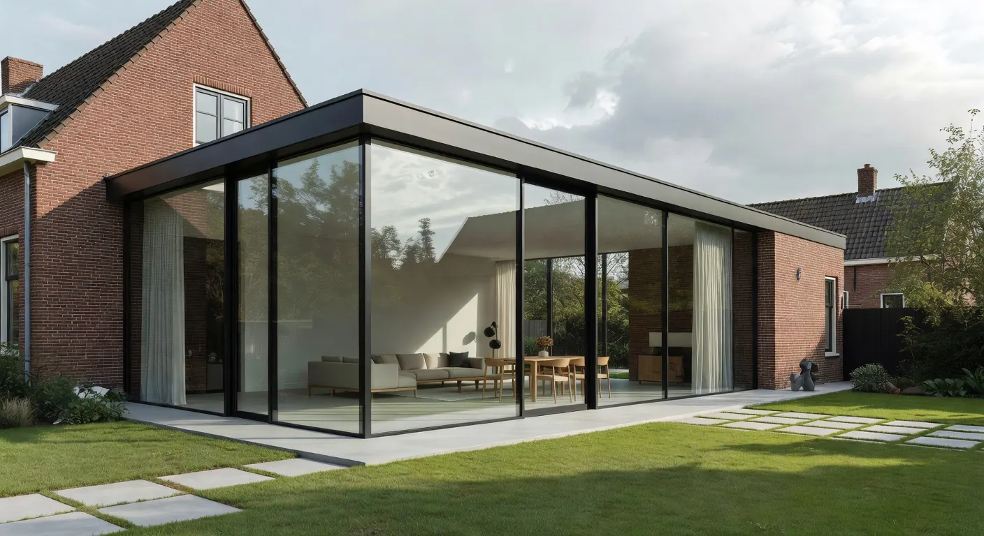Illustratie van een aanbouw met professioneel metselwerk in aanbouw