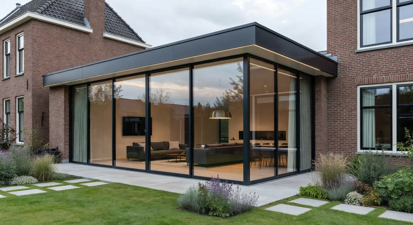Illustratie van aanbouw met metselwerk installatie