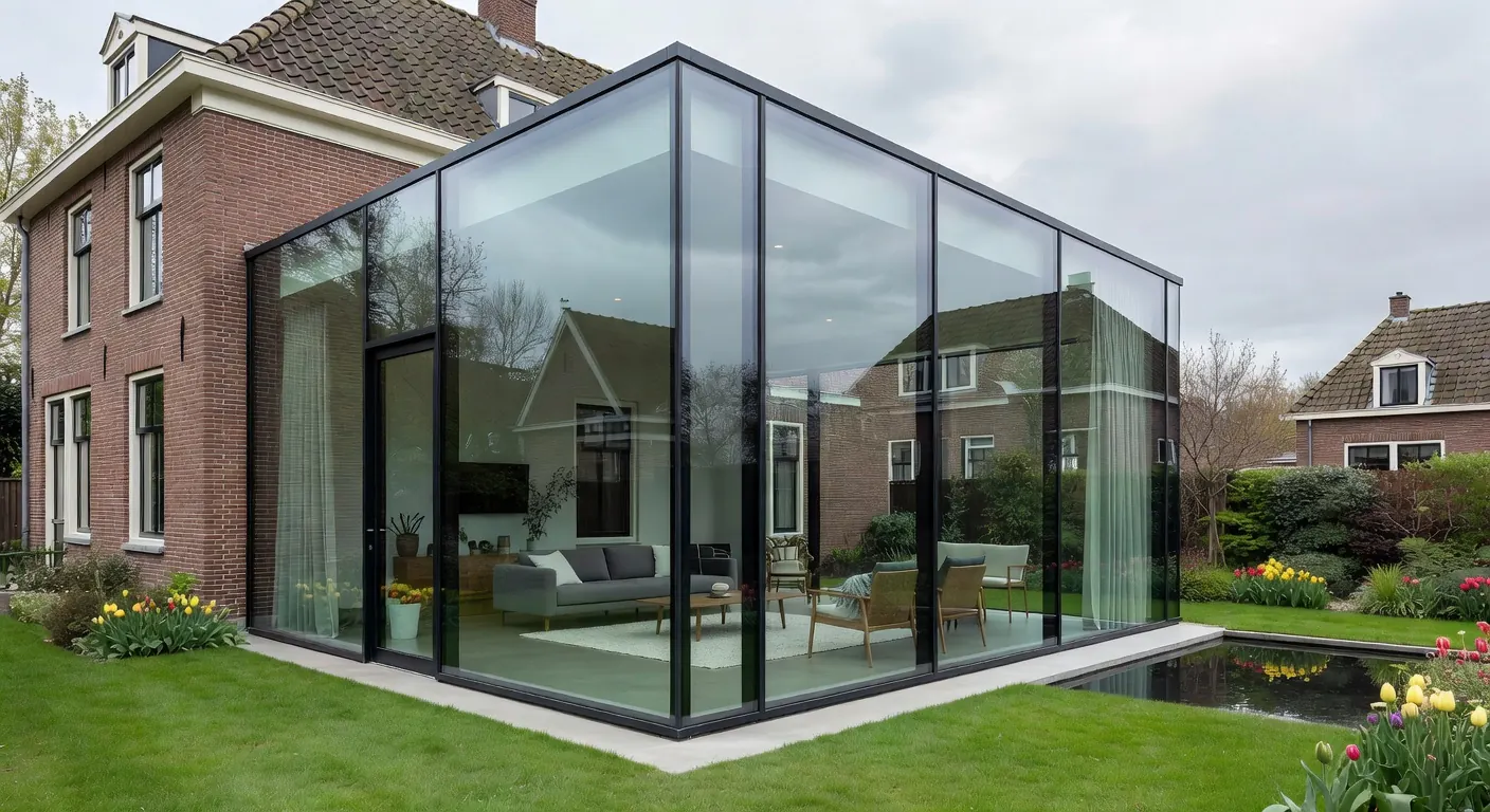 Aanbouw met metselwerk in uitvoering