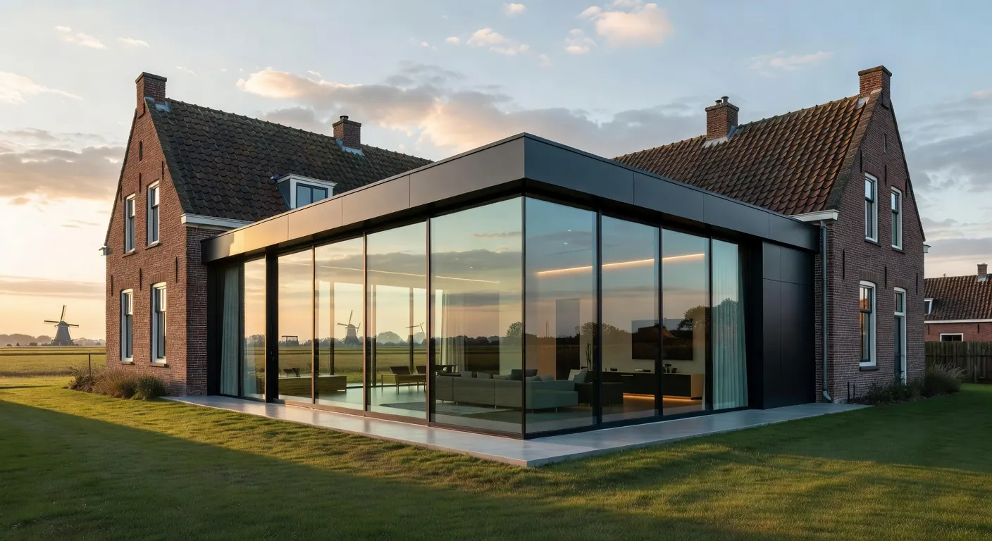 Illustratie van een moderne aanbouw met metselwerk in Nederland